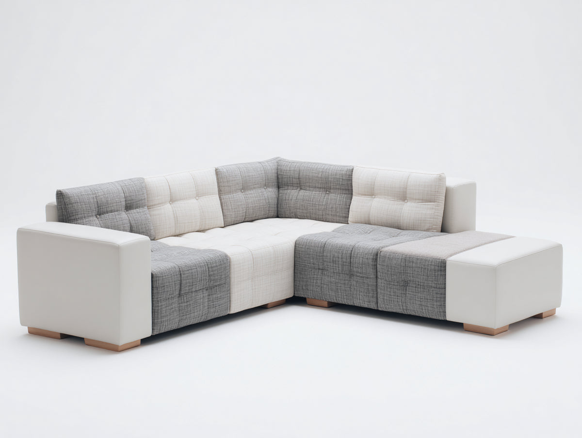 Divano angolare - Tessuto-legno - 300x210x88 cm - Grigio chiaro-Bianco-Legno naturale - Stile contemporaneo
