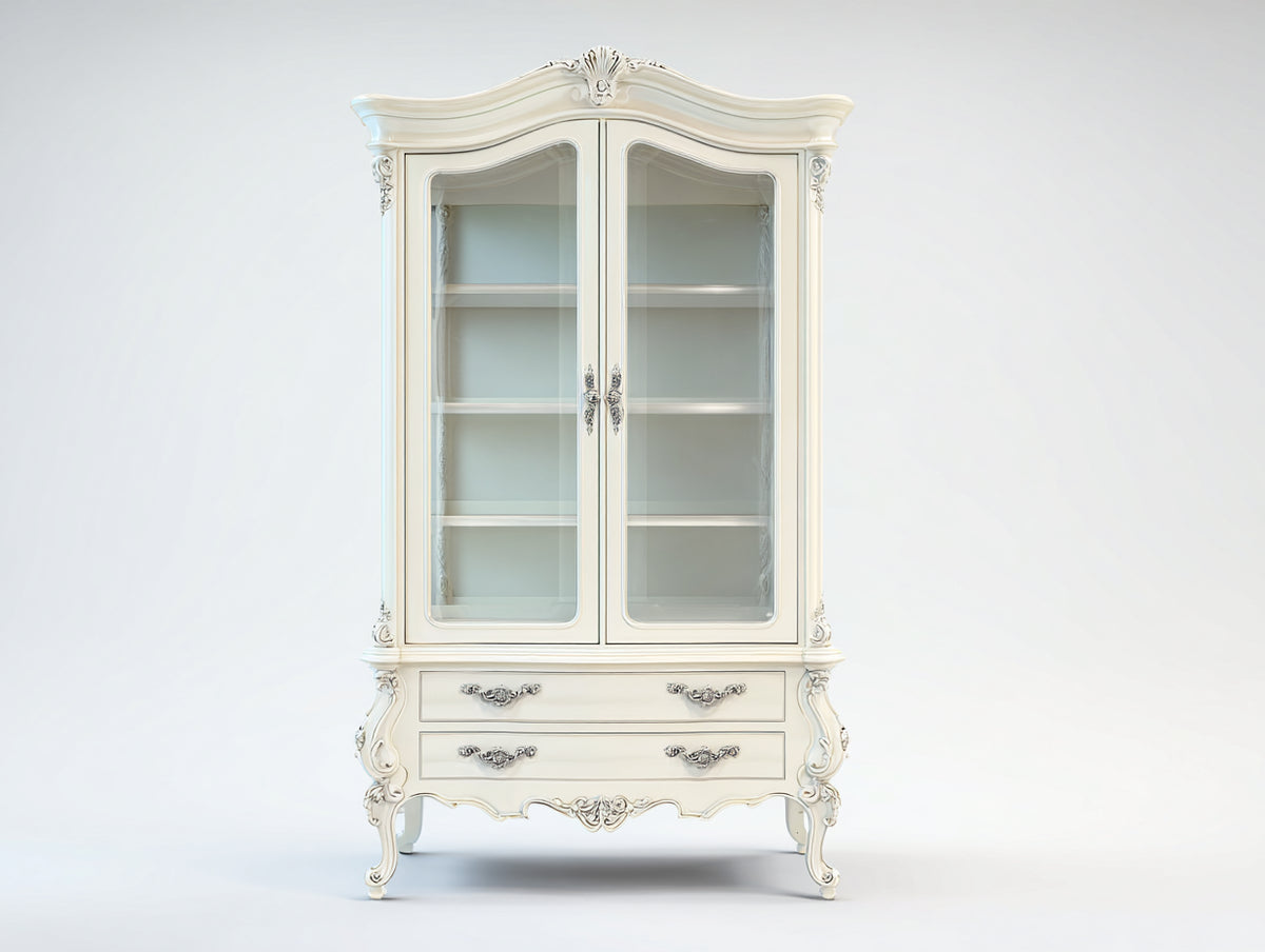 Vetrina - Legno-vetro - 108x44x198 cm - Bianco avorio - Stile barocco