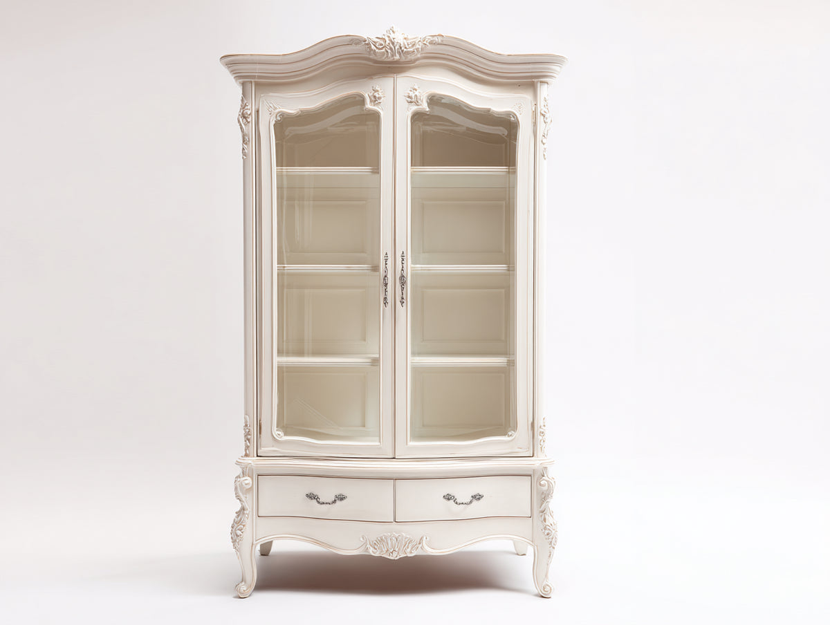 Vetrina - Legno-vetro - 110x45x200 cm - Bianco avorio - Stile barocco