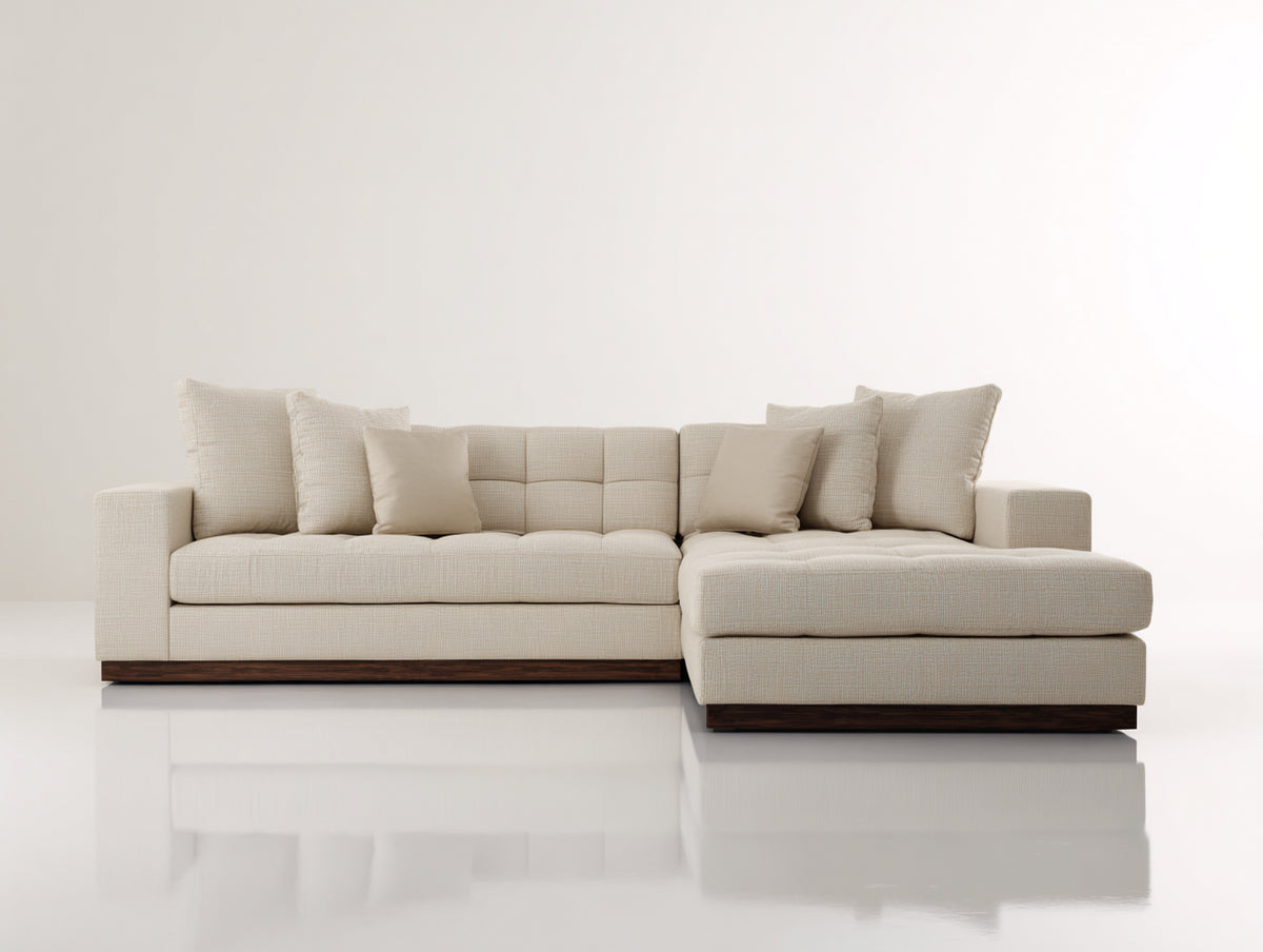 Divano angolare - Tessuto-legno - 285x170x82 cm - Beige crema-Marrone scuro - Stile moderno
